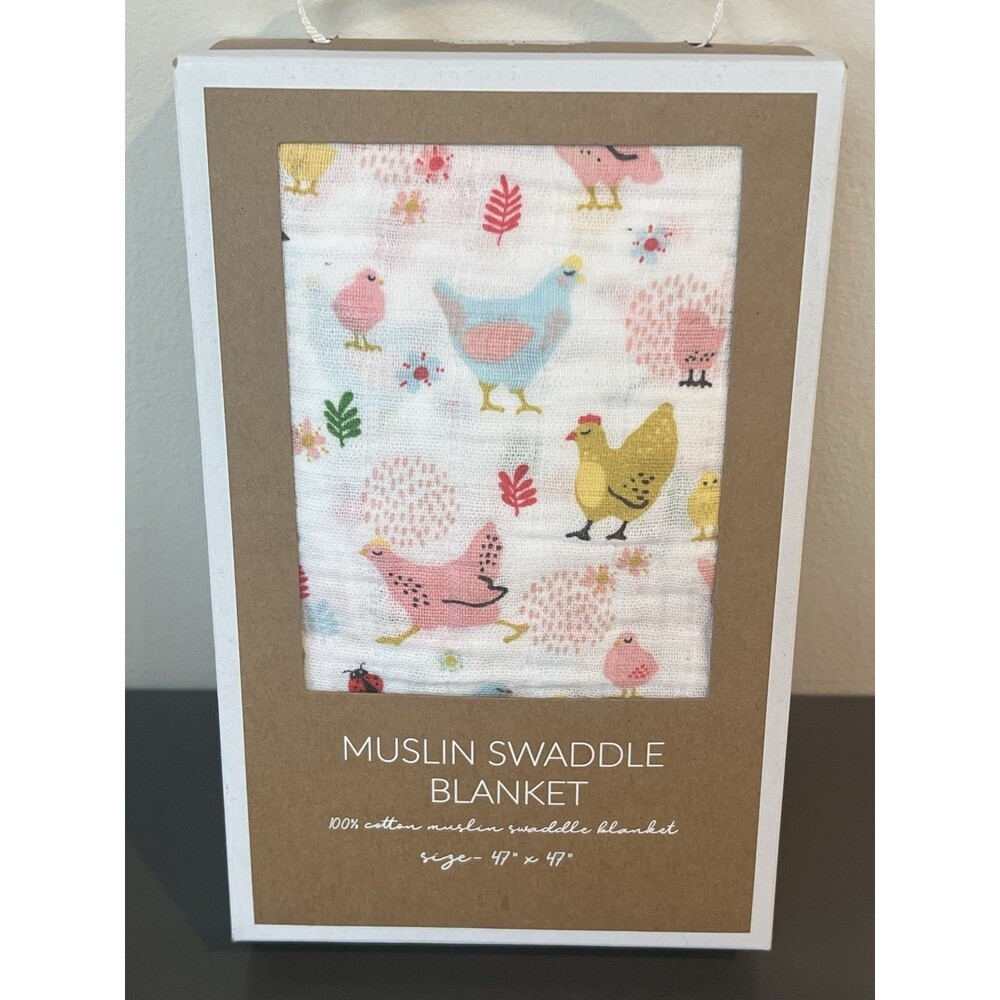 MUD PIE CHICKENS HENS MUSLIN BABY SWADDLE BLANKET Cotton Oversized Pink Blue New